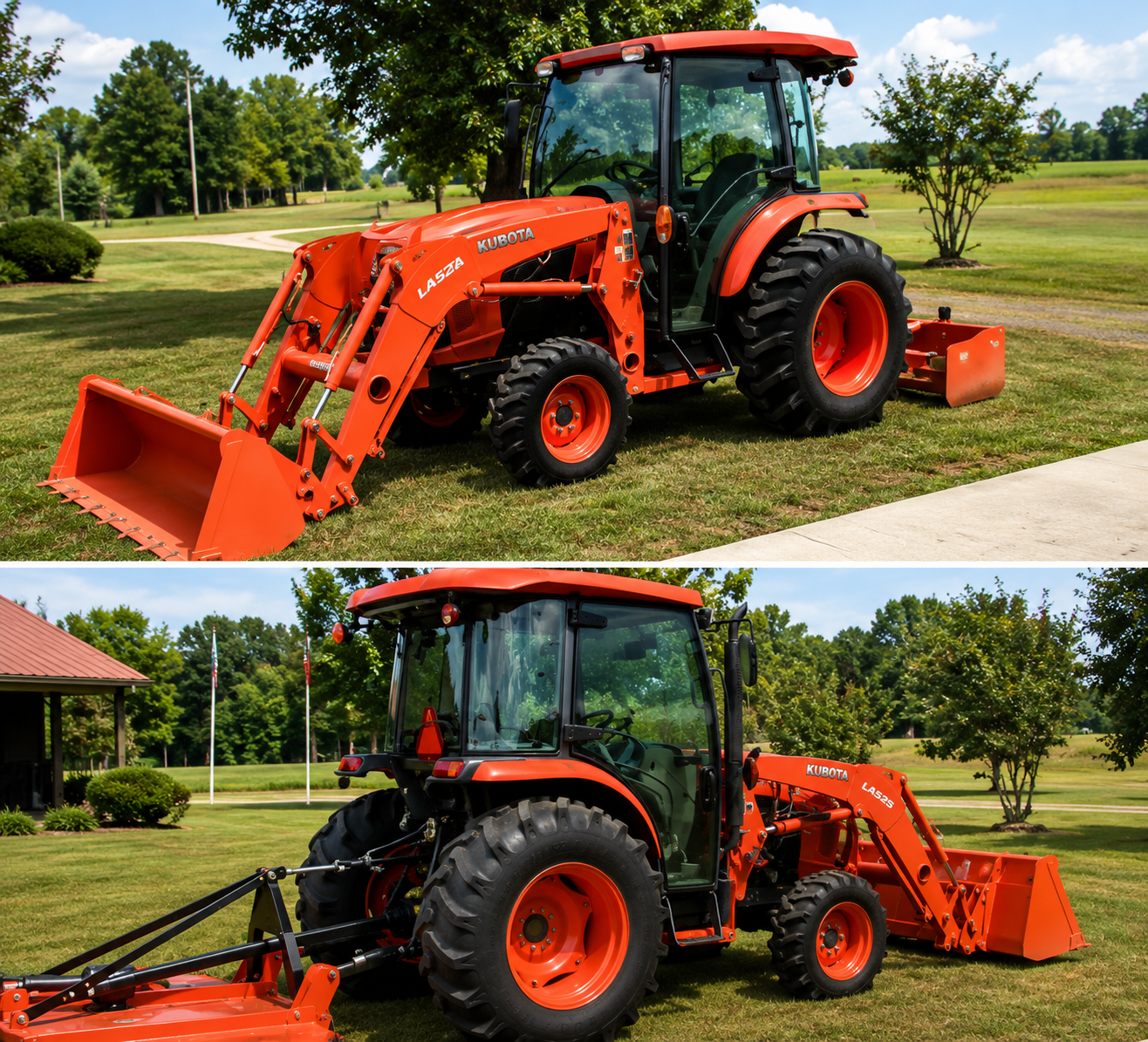 Kubota L52 tractor with front loader and box blade